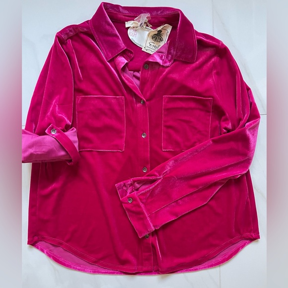 Easel Vibrant Pink Velvet Button-Up Shirt - Picture 2 of 2
